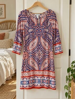 London Times Paisley Split Sleeve Keyhole Dress Navy Rust Ivory Size 4